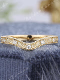 Moissanite Curved Engraved Wedding Band Gold Vintage Wedding Rings Handmade Flower Stackable Promise Rings for Women by Goldenxanadujewelry wedding flower