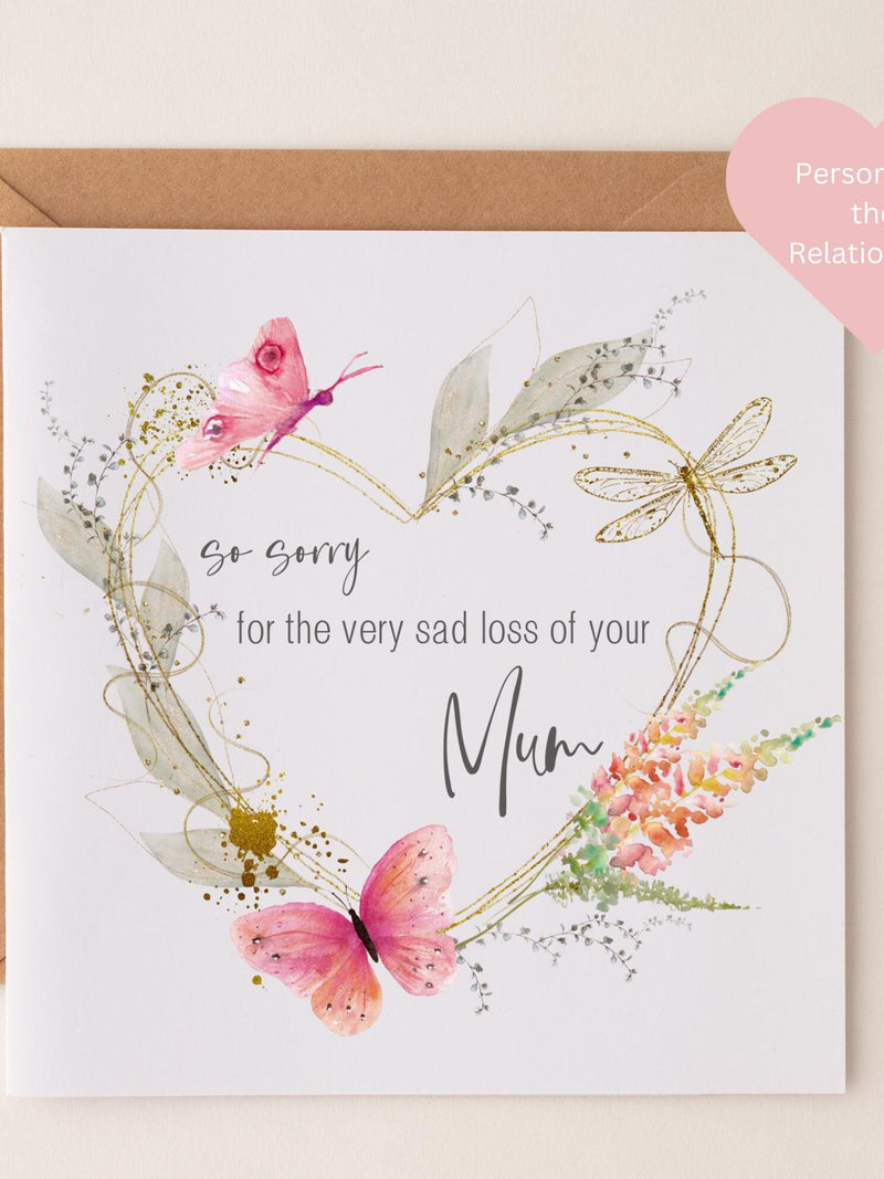 Sympathy Card: Bereavement Condolences, Thinking of You Butterflies and Heart Wreath Mum Grandma Sister Dad Brother sympathy flower