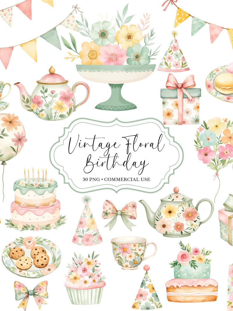 Floral Birthday Clipart - Vintage - Teacher Party Png - Watercolor - Colorful Pastel Clipart - Floral Sublimination - Commercial Use birthday flower