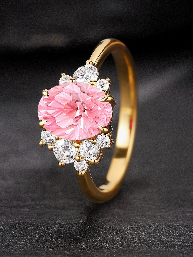 Fireworks Oval Pink Sapphire Flower Engagement Ring Unique Cluster Diamond Bridal Wedding Ring September Birthstone Ring Anniversary Ring ANNIVERSARY