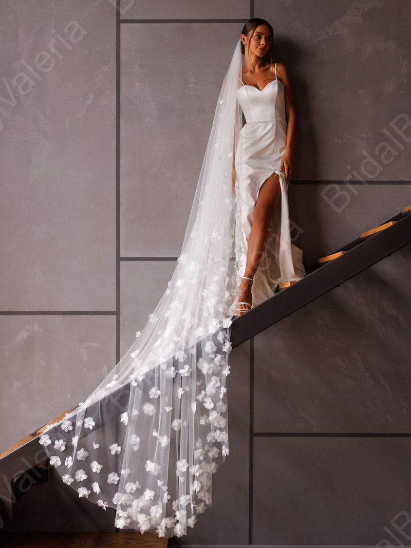 3D Floral Cathedral Wedding Veil: Light Ivory Flowered Bridal Veil wedding flower