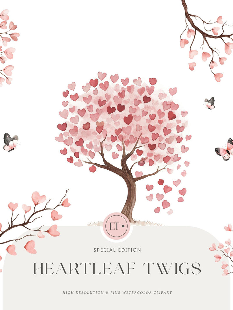 Cute Valentines Heartleaf Twigs - Love Clipart - Heart Clipart - Romantic Clipart - Pink Clipart - Watercolor Clipart - COMMERCIAL USE Love Romance Flower