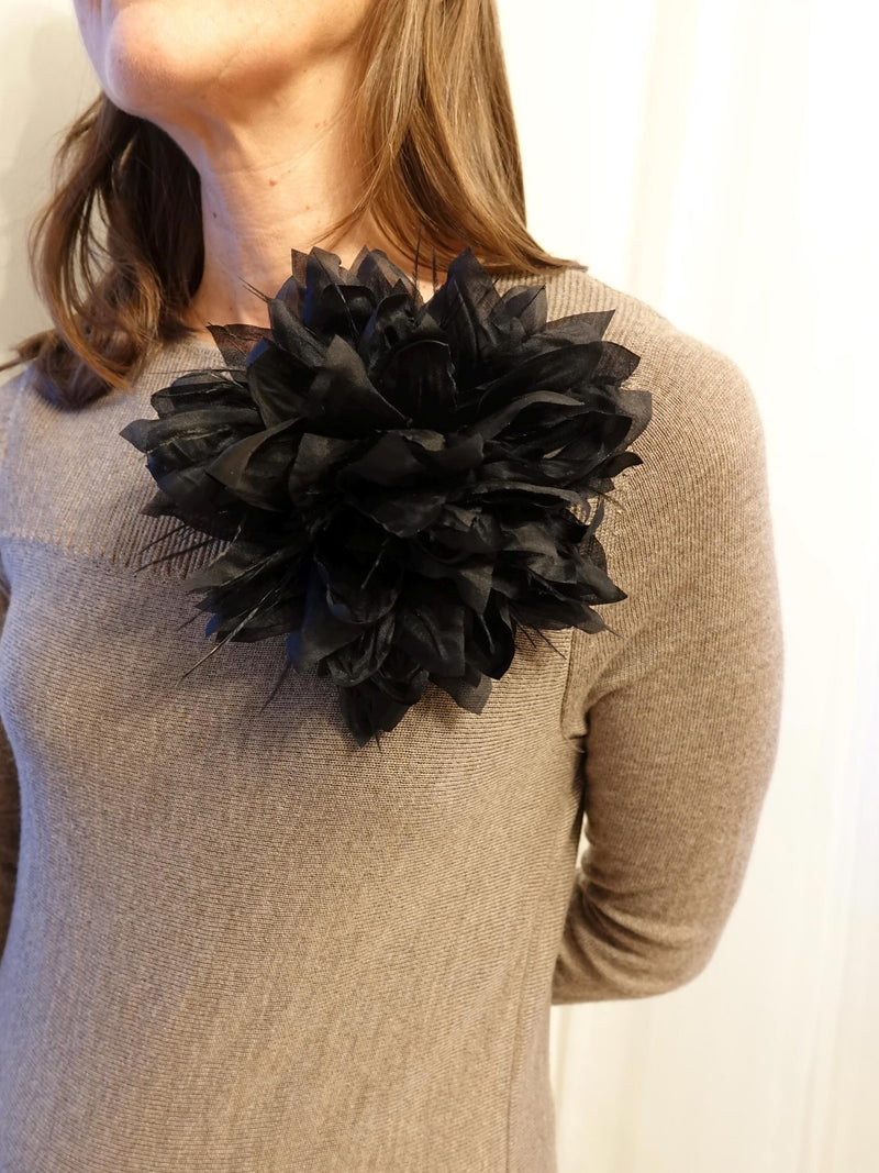 Large Silk flower brooch with feathers. Black Flower pin. Packed as a gift silk flower