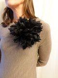 Large Silk flower brooch with feathers. Black Flower pin. Packed as a gift silk flower