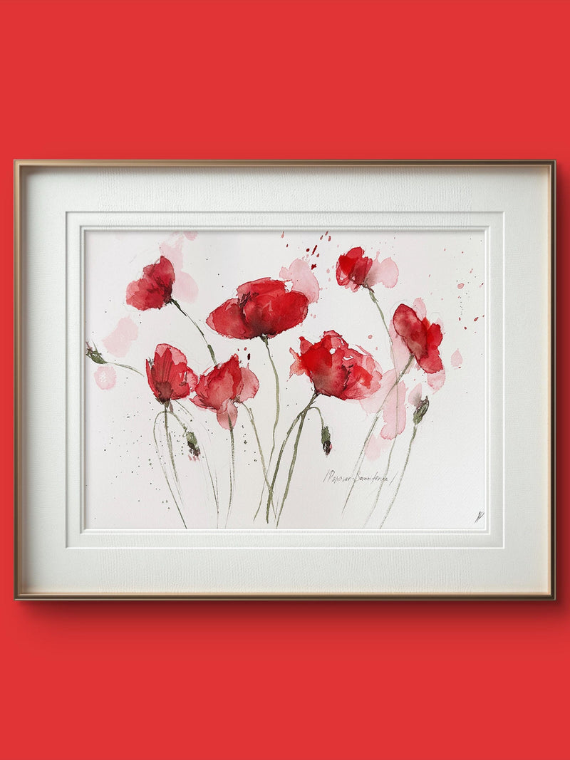 Original hand-painted watercolor painting 'Poppy Flowers' 41x31 cm birthday flower