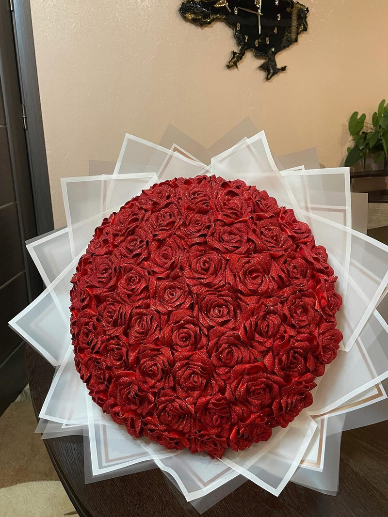 Ramo Buchon, Red Glitter Bud with Custom Wrapper, Eternal Rose Bouquet, Durable Flower, Large Rose Bouquet, Mother's Day, Romantic Bouquet Bouquet