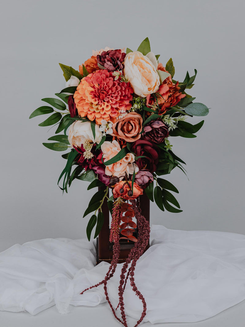 Burgundy Orange and Peach Cascading Bouquet/Fall bouquet/Terracotta bridal bouquet/Faux bouquet/ Boho Wedding flowers Cascade bouquet/ wedding flower
