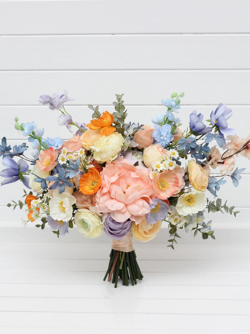 Colorful bridal bouquet Peach orange dusty blue ivory lilac bouquet Summer wedding Wildflowers bouquet Bridesmaid Daisy poppy bouquet Bouquet