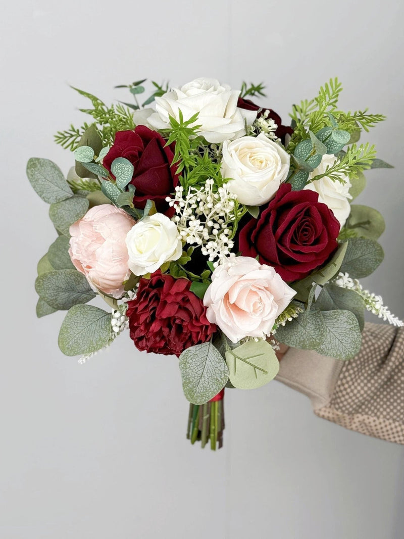 Burgundy and Pink Silk Flower Bridal Bouquet, Eucalyptus, Peony Bouquet