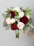 Burgundy and Pink Silk Flower Bridal Bouquet, Eucalyptus, Peony Bouquet