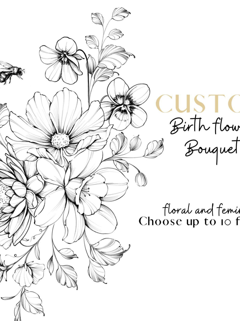 Custom Birth Month Flower Bouquet No Stem | Line Art Tattoo | Personalized Family Kids Grandma Birth Flowers | Gift for Mom | DIGITAL DESIGN birthday flower