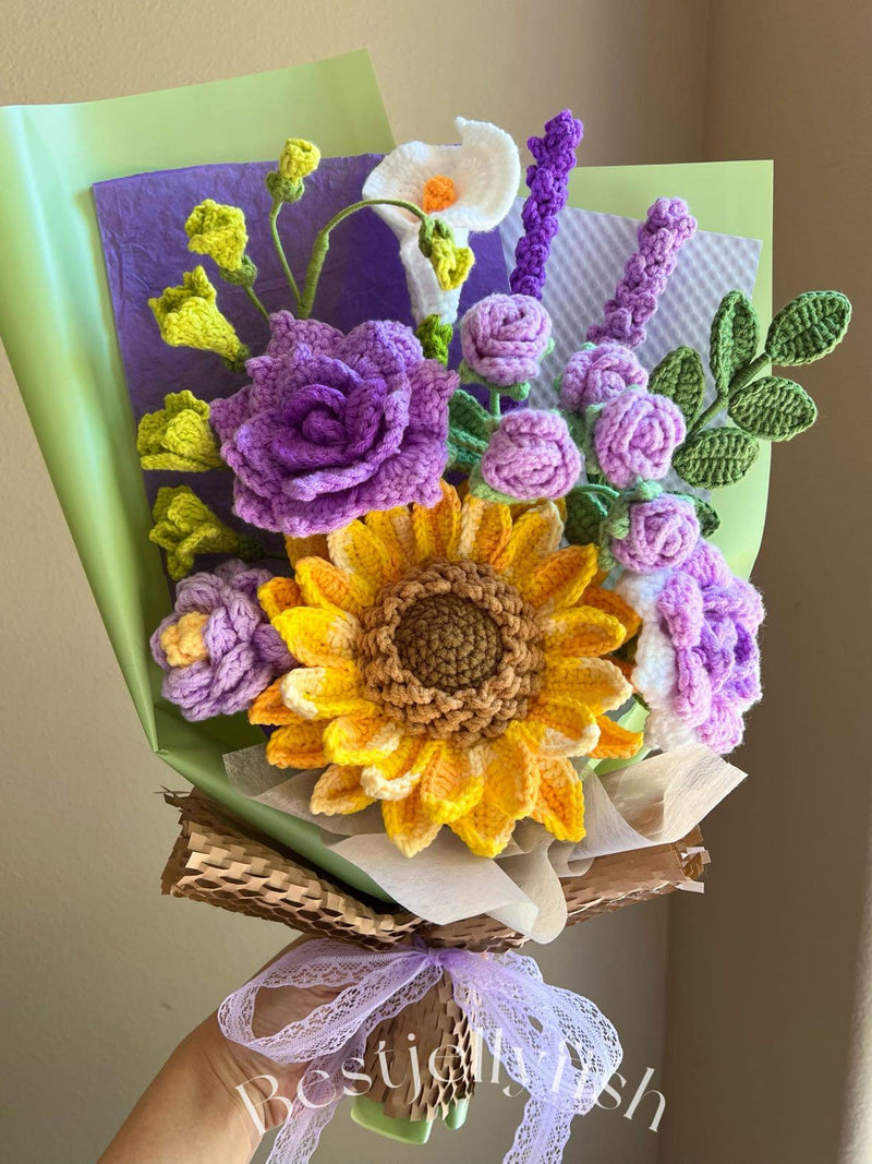 Handmade Crochet Flower Bouquet: Sunflower, Rose, tulip, lily Gift for her, birthday, girlfriend, wife, Recovery,Thank you,Sympathy Gift sympathy flower