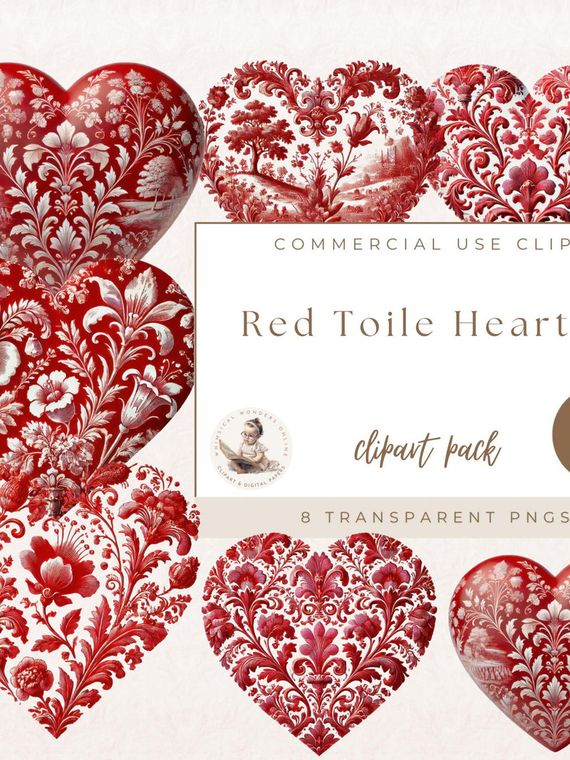 Red French Toile Love Hearts, Love Hearts Digitals, Love Clipart, Romance Clipart, Valentines Clipart, Commercial Use, Digital Crafts Love Romance Flower