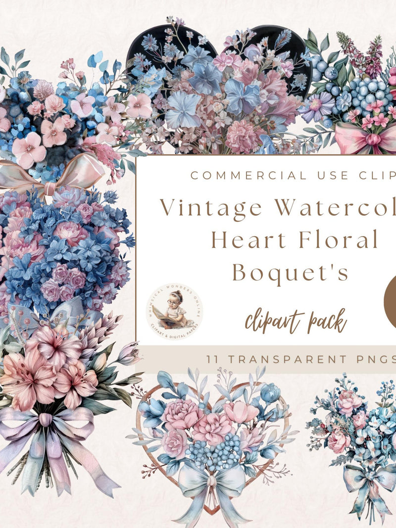 Vintage Watercolor Heart Floral Boquet's Graphics, Flower Clipart, Romance Clipart, Commercial Use, Card Making, Valentine Clipart Love Romance Flower