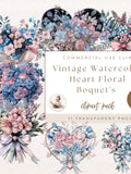 Vintage Watercolor Heart Floral Boquet's Graphics, Flower Clipart, Romance Clipart, Commercial Use, Card Making, Valentine Clipart Love Romance Flower