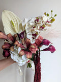 Modern Dried & Faux Flower Bouquet - Flower Arrangement for Home, Wedding, or Gift - Handmade with Amaranthus, Lily, Orchid White Burgundy wedding flower