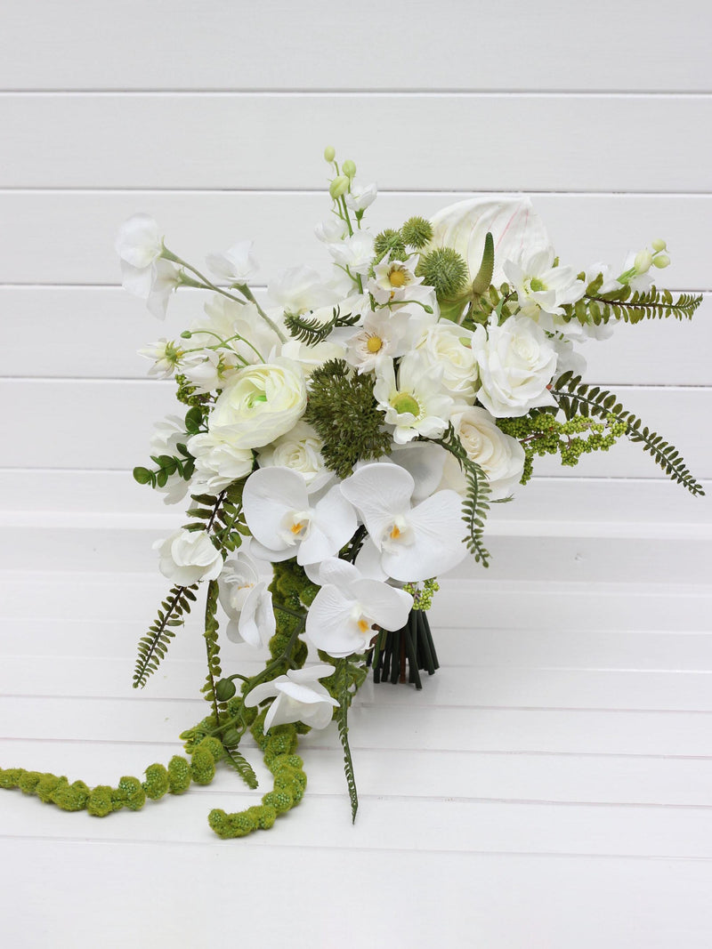 Spring summer wedding White green bridal bouquet flowers Faux bouquet Wedding bouquet Artificial flowers Bouquet with amaranth and orchids Bouquet