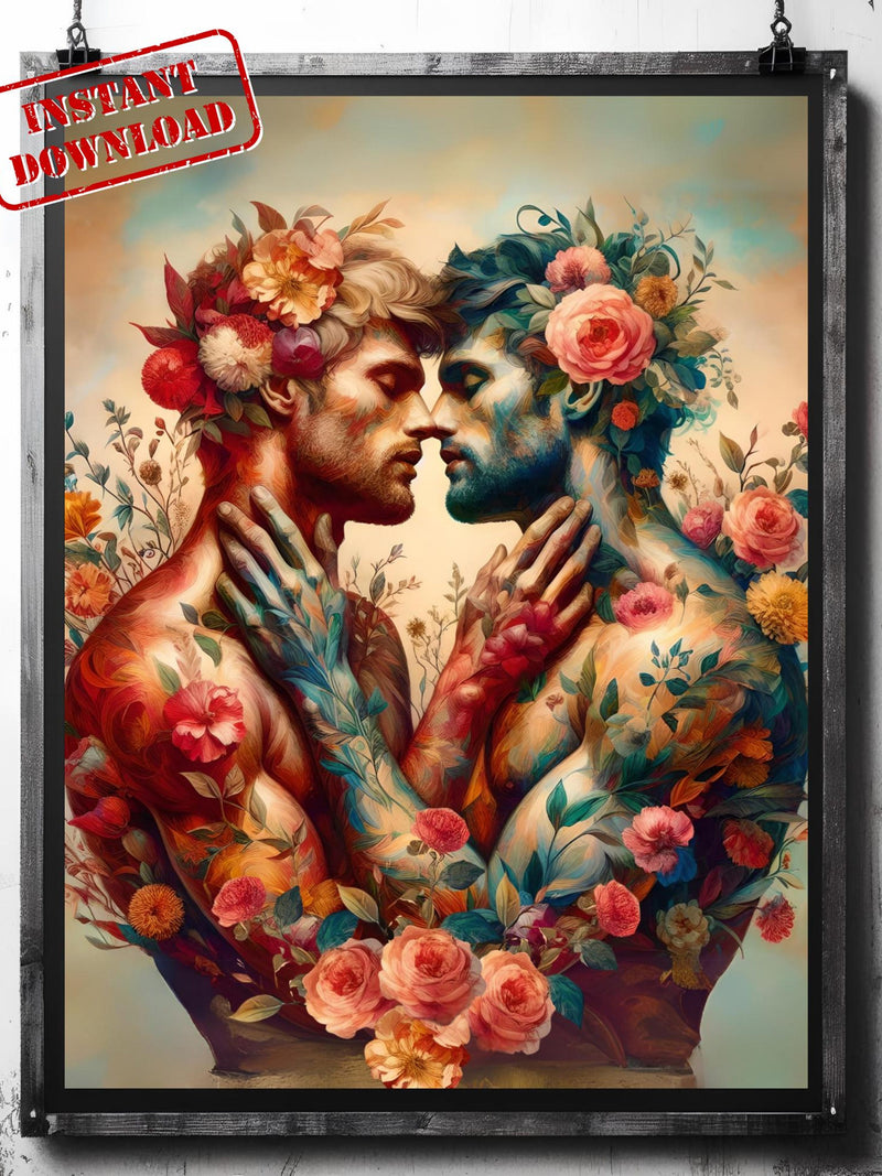 Gay Queer Romantic Wall Art - Love Adorned with Vibrant Flowers - LGBTQ+ Digital Download Poster - Men Meaningful and Emotional Decor Love Romance Flower
