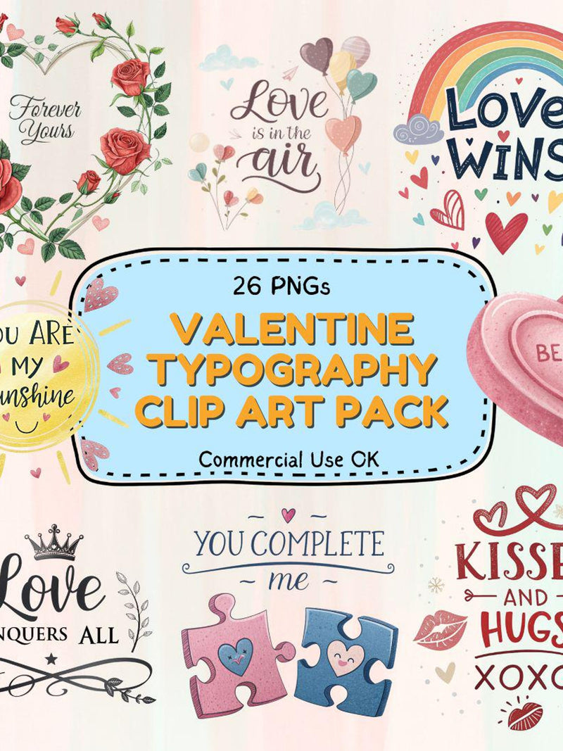 Romantic Love Quotes Clipart Set Ð 26 ValentineÕs Day PNGs with Hearts, Roses & Cute Illustrations for Cards and Crafts Love Romance Flower