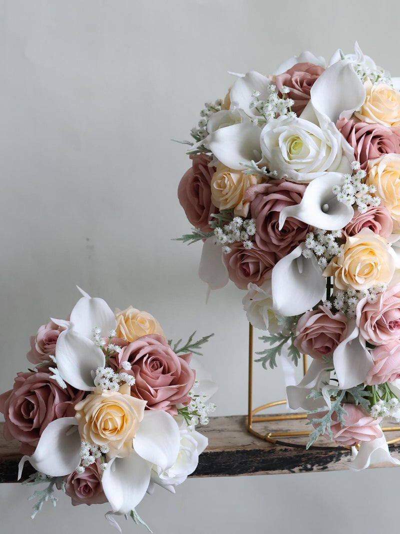 Faux Flowers Wedding Bouquet in Dusty Pink Champagne Cream, Real Touch Roses, White Calla Lilies, Baby's breath Bridal Bridesmaids Bouquets Bouquet