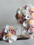 Faux Flowers Wedding Bouquet in Dusty Pink Champagne Cream, Real Touch Roses, White Calla Lilies, Baby's breath Bridal Bridesmaids Bouquets Bouquet