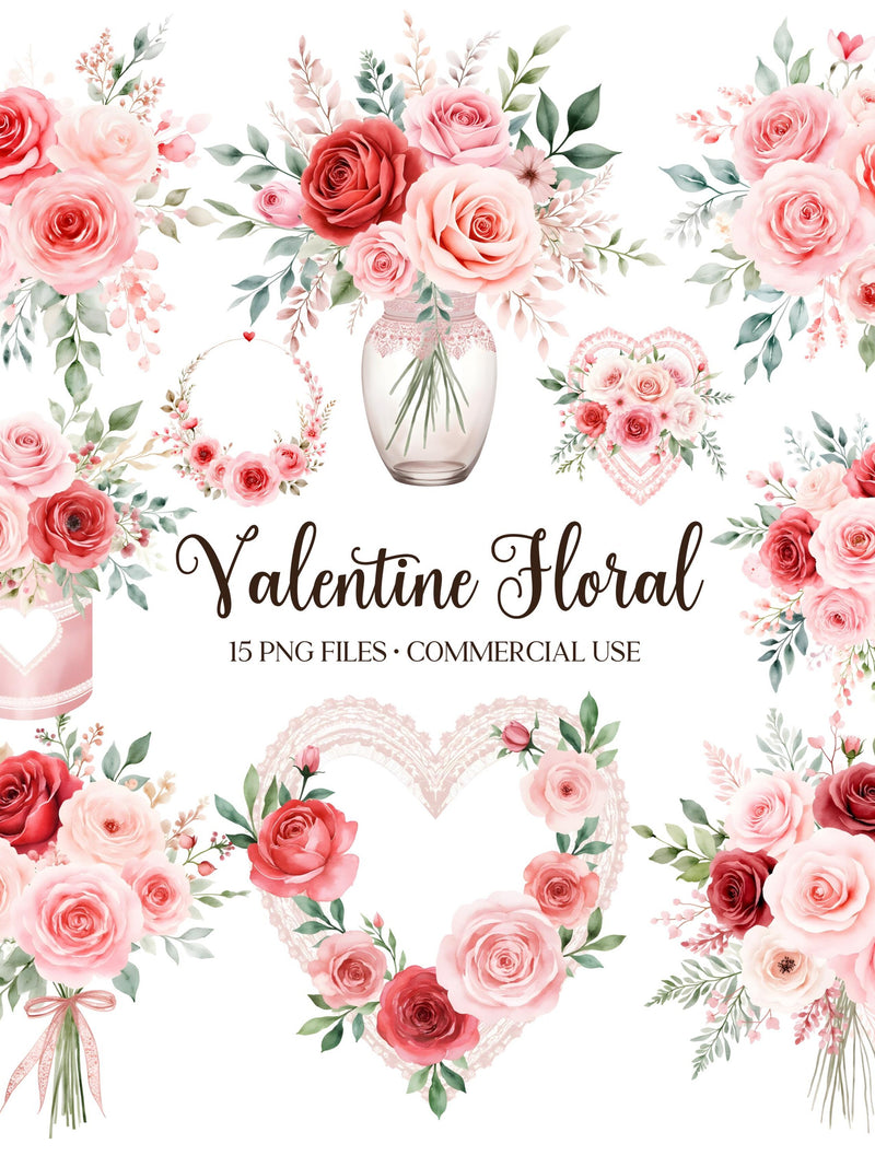 Watercolor Floral Clipart - Valentine's Day Png - Red Roses - Pink Roses - Valentine Flowers - Bouquet Sublimination - Commercial License Love Romance Flower