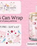 Vintage Romantic Floral Bird Glass Can Wrap Digital Design PNG  Sublimation Flowers Love Hearts Hand Drawn Classic Romance Love Romance Flower