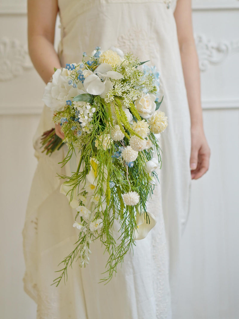 Cascading Artificial Wedding Bouquet: White & Blue Silk Flowers Bouquet