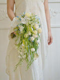 Cascading Artificial Wedding Bouquet: White & Blue Silk Flowers Bouquet