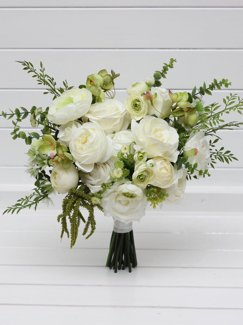 White green bridal bouquet flowers Spring summer wedding Faux wedding bouquet Artificial flowers Bouquet with amaranth Ivory olive green Bouquet