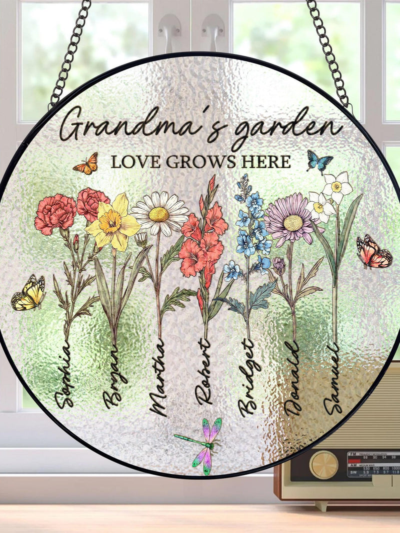 Custom Grandma's Garden Stained Glass, Personalized Love Grows Here Suncatcher, Birth Month Flowers With Names Gift, Mothers Day Gift birthday flower