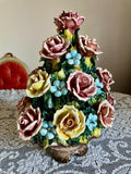 Vintage Large 15x12.5 Porcelain Basket Flowers Ceramic Table Decor Capodimonte Blue Red Yellow Green Italian Hand-painted Tree Centerpiece flower spore