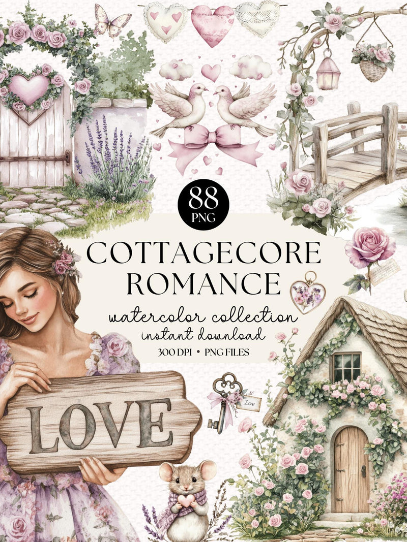 Cottagecore Romance Watercolor Clipart: Floral DIY Graphics (Digital Download) Love Romance Flower