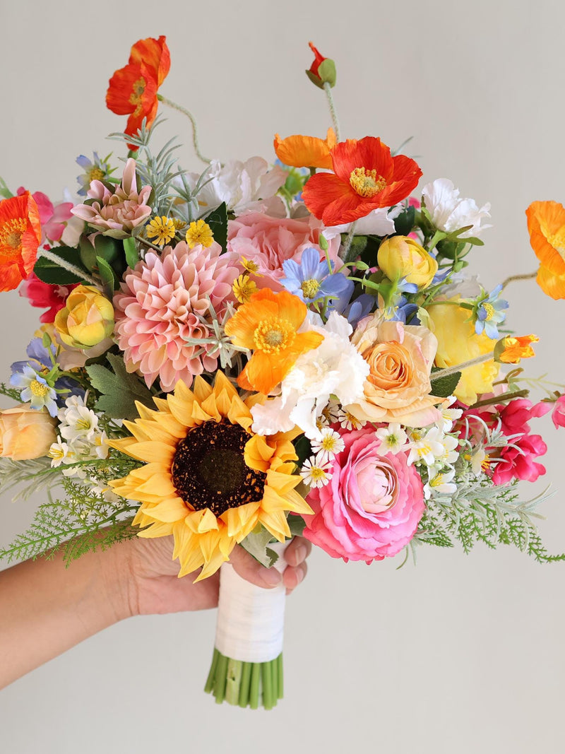 Wildflower Bridal Bouquet, Colorful Orange Hot Pink Wedding Bouquet, Spring Summer Bouquets, Dahlia, Ranunculus, Poppy, Daisies, Sunflowers silk flower
