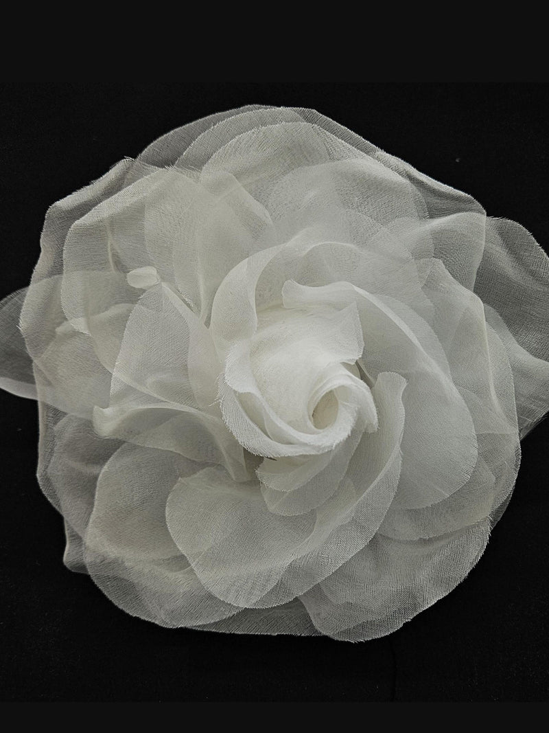 M&S Schmalberg Flower Large 7-inch Lucy Rose, 100% Silk Flower Brooch Pin Bridal Wedding Fashion Design   |   Diamond White Silk Organza silk flower
