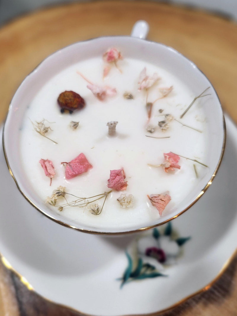 Tea Cup Candle Soy Wax Cherry Blossom Herbal Candle Gift for Mom, Gift for Sister, Teacher, Grandma, Nana, Engagement, Bridal, Best Friend, house warming flower