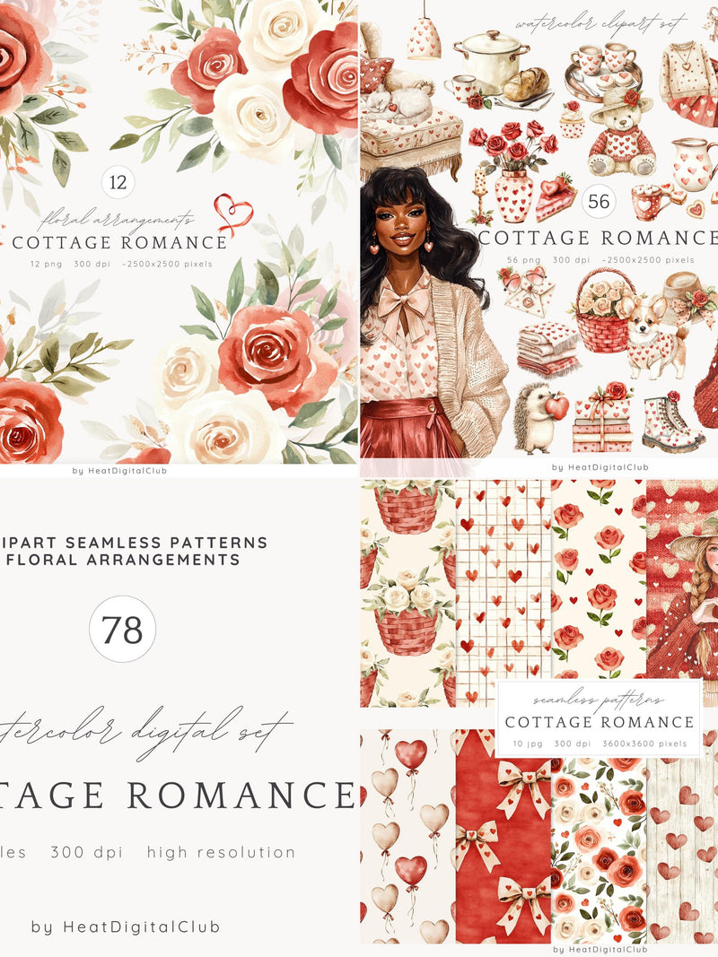 Watercolor Valentines Day Clipart Bundle,Cottage Romance Romantic Clip Art PNG, Love Clipart, Digital Download Stickers, Commercial Use Love Romance Flower