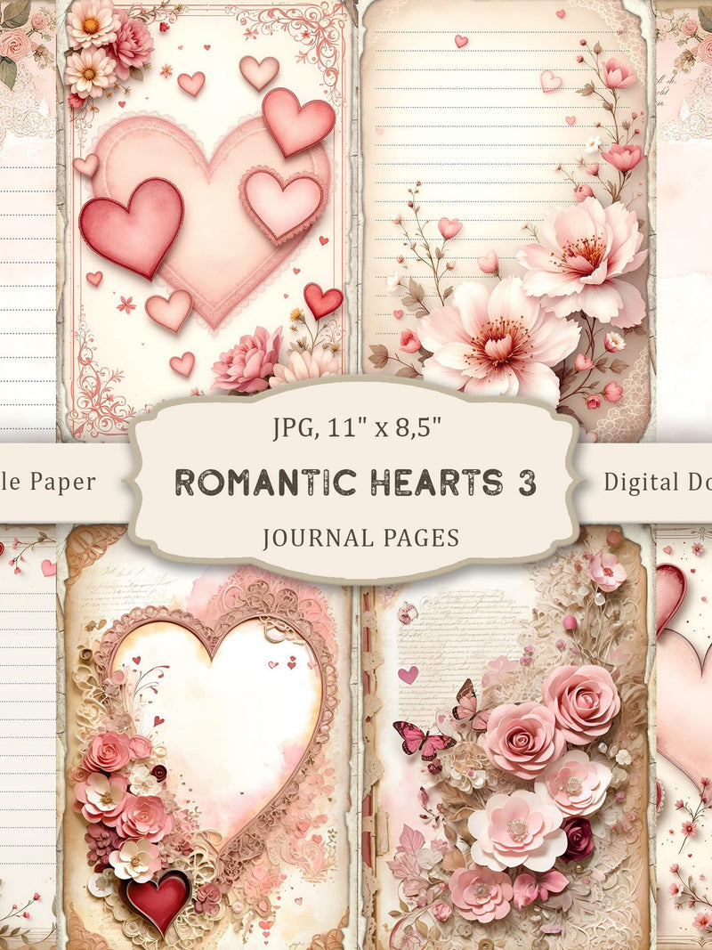 Romantic Hearts-3 Junk Journal Kit, Valentine's Day Junk Journal, Vintage Romantic Scrapbook Paper, Collage Sheet Scrapbook, Wedding Journal Love Romance Flower
