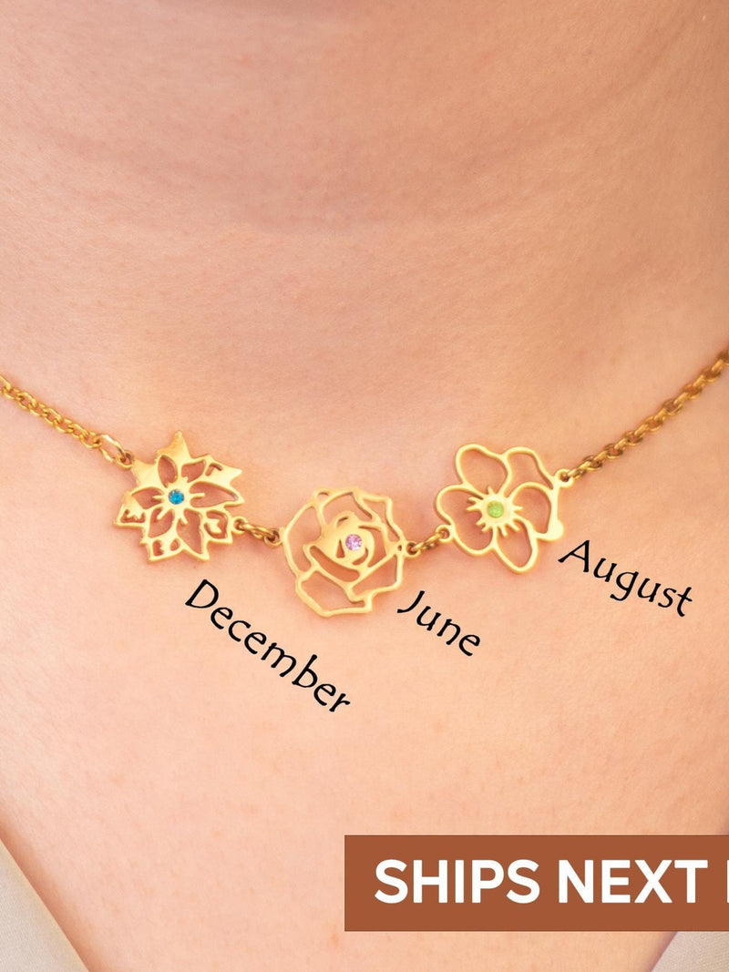 Dainty Birthflower Necklace with Birthstone - Personalized Christmas Jewelry, Birth Flower Bouquet Necklace, Family Gift for Mothers Day Her ANNIVERSARY