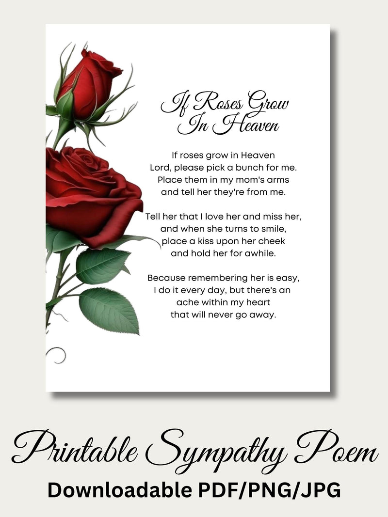 Loss Of Mom Sympathy Poem: Roses In Heaven Printable Art (Digital Download) sympathy flower