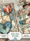 Blue Love Letters Junk Journal Pages 6 Digital Scrapbook Papers 11 x 8.5" Art Printable Valentines Day Watercolor flowers floral hearts BLWL Love Romance Flower