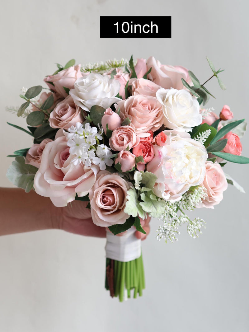 Faux Real Touch Flowers Dusty Rose Pink Bridal Bouquet, Spring Summer Wildflowers Wedding Bouquet, Design in Rose and Peony, Sage Green Bouquet