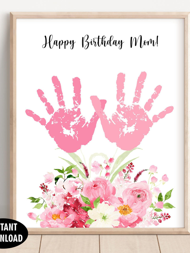 Pink flowers handprint / Happy Birthday Mom / Happy Birthday Mommy / Wildflower / Flower bouquet / Wall Art / Birthday Gift / Baby M3 243 birthday flower