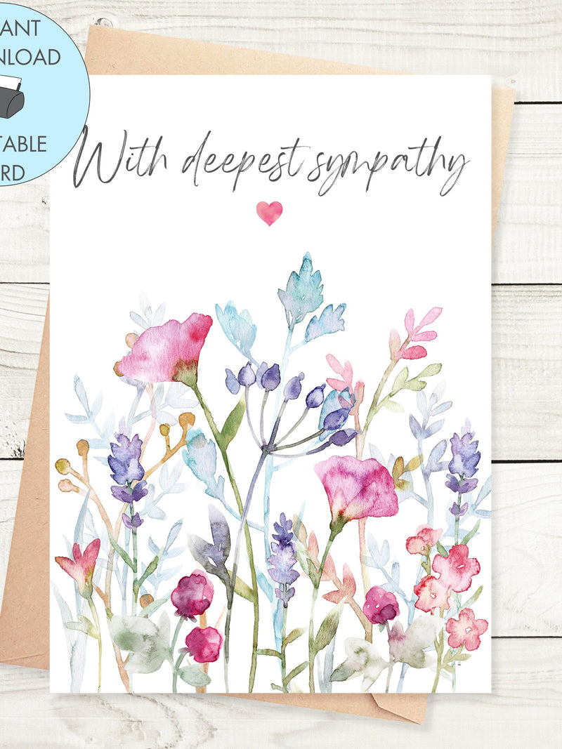 Printable With Deepest Sympathy Card, Instant Download Sympathy Card Watercolour Printable Sympathy Card Flowers and Heart Condolences Card sympathy flower