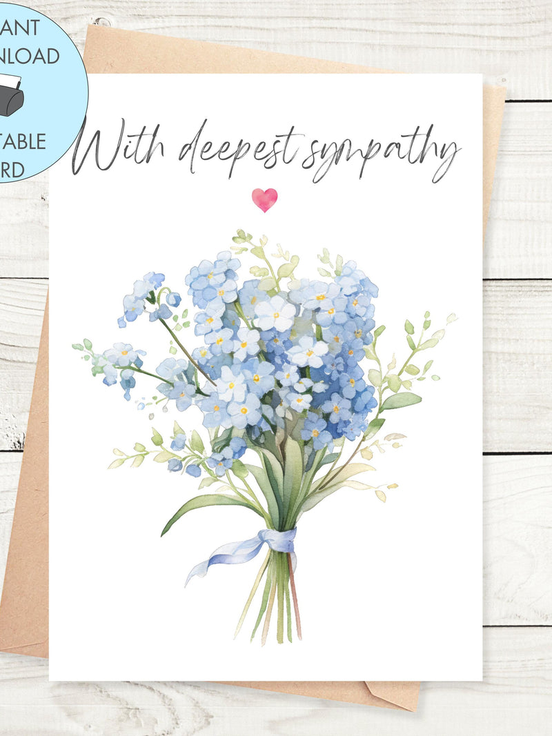 Printable With Deepest Sympathy Card Blue Flowers, Instant Download Sympathy Card Watercolour Printable Sympathy Card Condolences Card sympathy flower
