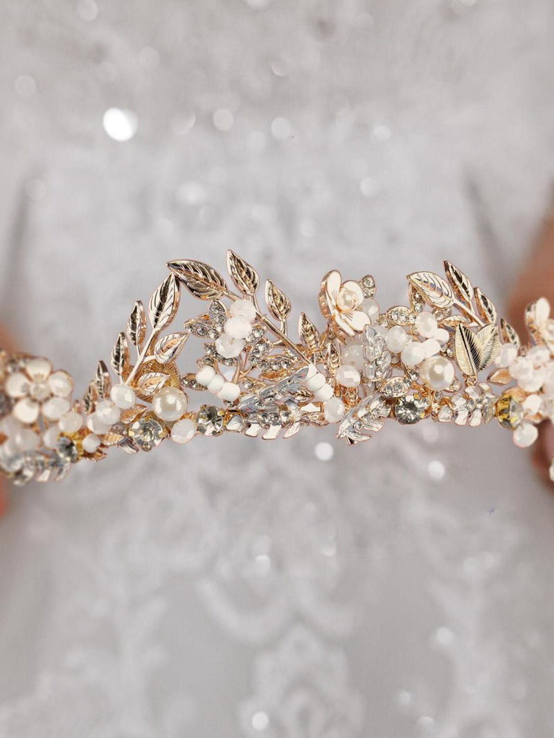 Bridal Tiara Pearl Wedding Tiara Flower Bridal Crown Floral Wedding Crown Flower Crown Gold Bridal Tiara Floral Headband Leaf crown wedding flower