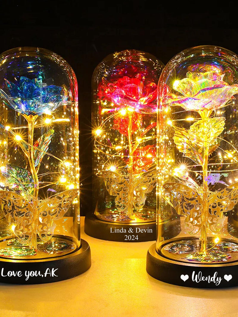 Personalized Galaxy Rose in Glass Dome with LED Light, Eternal Love, Preserved Rose, Gift for Mom, Mother's Day Gifts, ANNIVERSARY