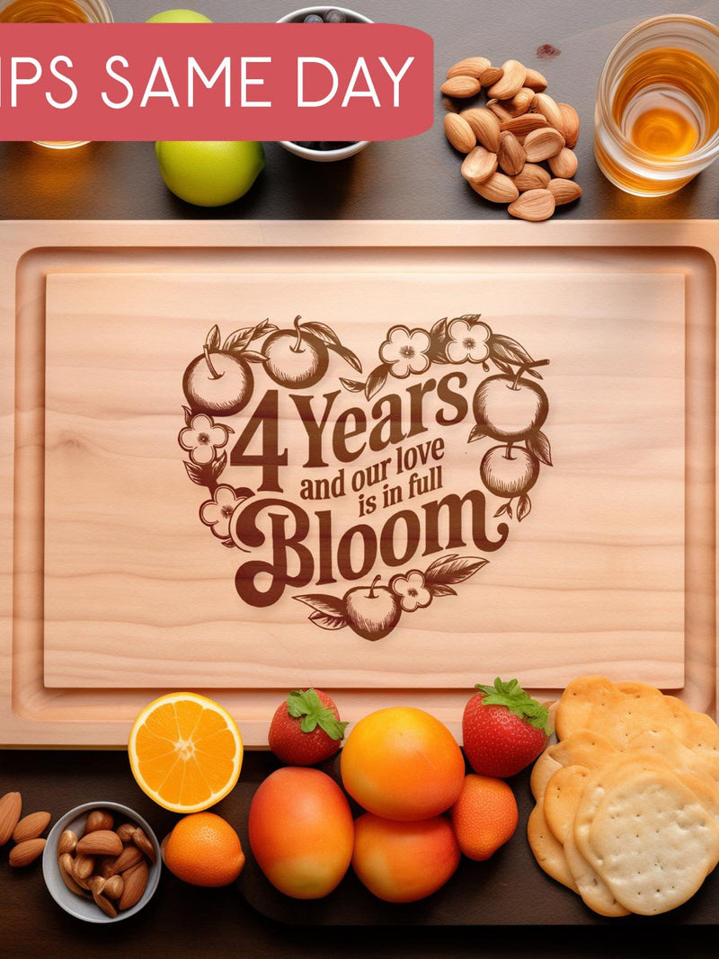 Traditional 4th Anniversary Gift, Personalized 4 Year Anniversary Cutting Board, Fruit and Flowers Gift for Wife, Gift for Him, Four Years ANNIVERSARY