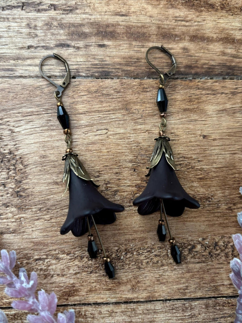 Whimsigoth Black Trumpet Flower Chandelier Earrings | Goth | Whimsical | Fairycore | Grunge FLOWER DELIVERY