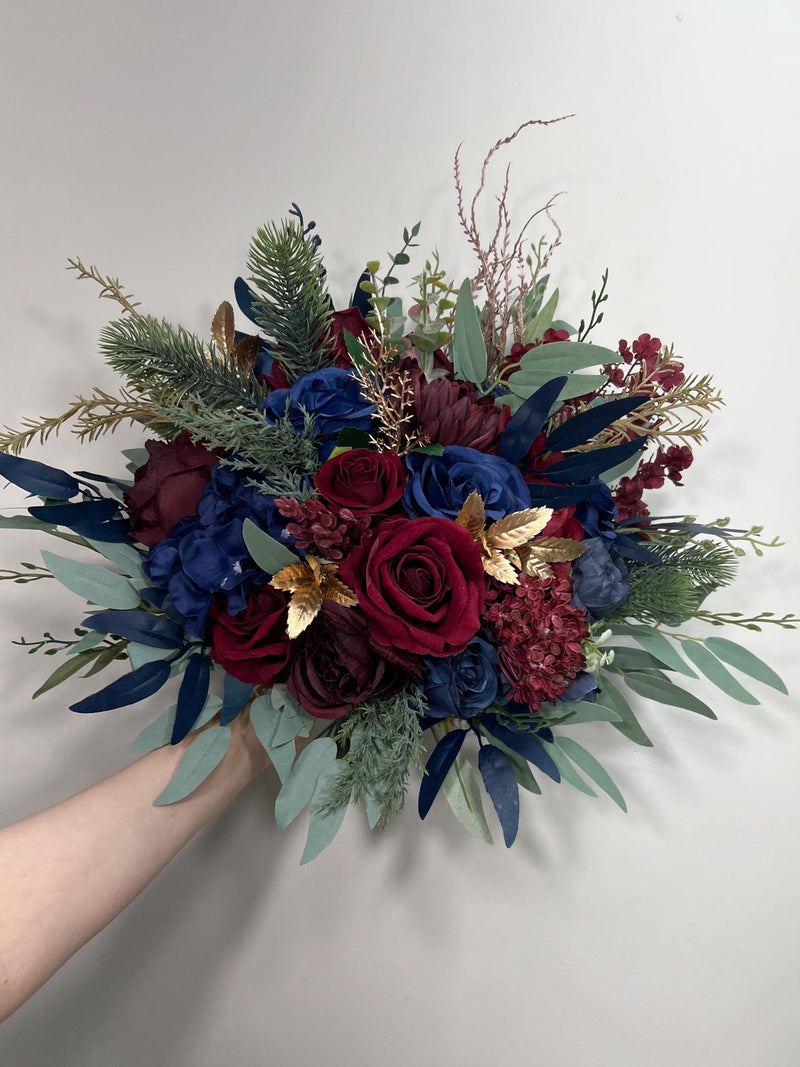 Burgundy & Navy Wedding Bridal Bouquet with Gold Accents Silk and Velvet Flowers silk flower